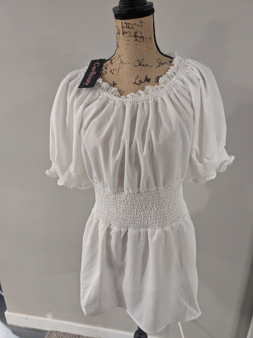 White Smocked Waist Peasant Top